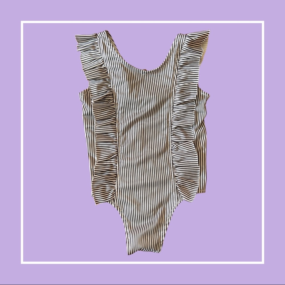 Black and White Striped Toddler Swimsuit—100/3T